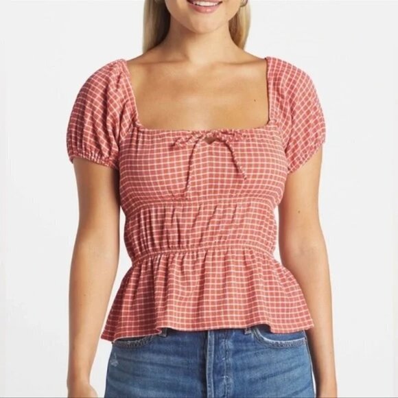 Madewell Tops - Madewell Omaha Tiered Top Women's Size XS Orange Gingham Square Neck